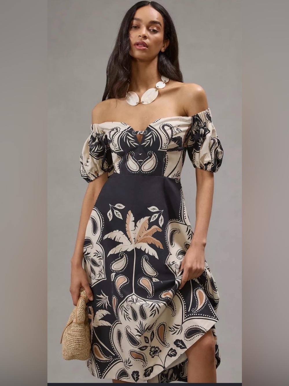 Maeve Neutral Palm Tree Sweetheart Neckline Off-Shoulder Midi Dress